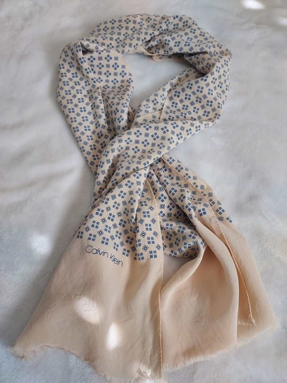 Vintage Calvin Klein Cream Silk Oblong Scarf Blue Geometric Pattern Chic Classic